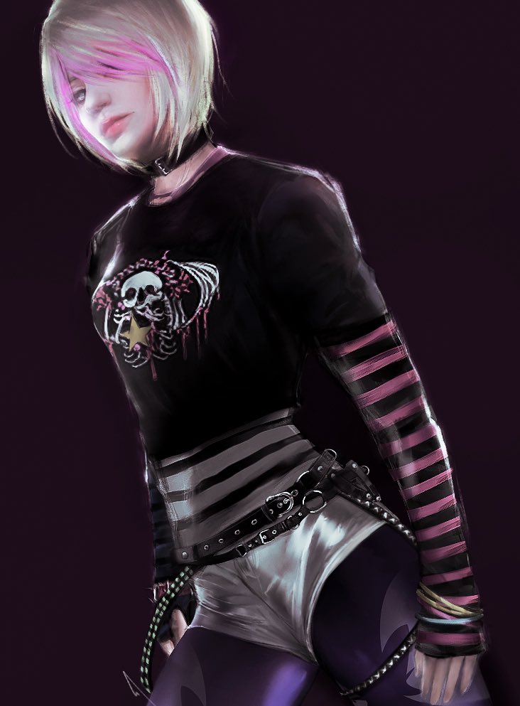 1girl, ashley_graham, belt, black_choker, black_shirt, blonde_hair, choker, leggings, long_sleeves, looking_at_viewer, momokulala, multicolored_hair, official_alternate_costume, purple_leggings, resident_evil, resident_evil_4, resident_evil_4_(remake), shirt, short_hair, shorts, simple_background, solo, streaked_hair, upper_body, white_shorts