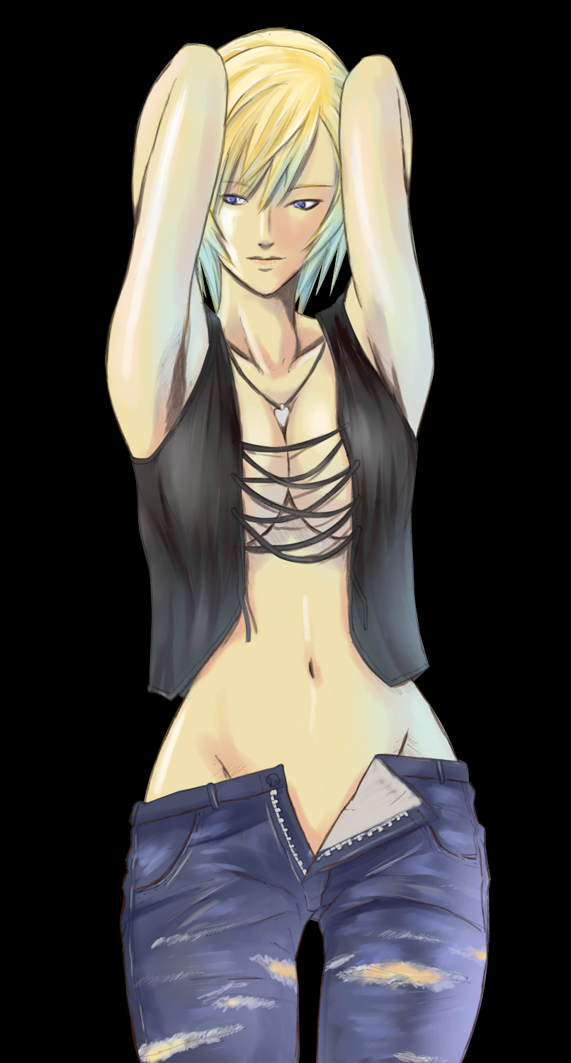 1girl, arms_up, aya_brea, blonde_hair, blue_eyes, breasts, cleavage, female_focus