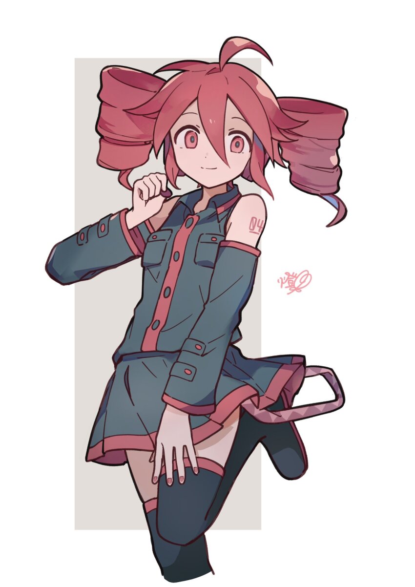 1girl, ahoge, black_boots, black_shirt, black_skirt, boots, buttons, closed_mouth