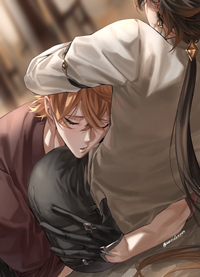 2boys, artist_name, back, bed, black_gloves, black_hair, black_pants, blurry, blurry_background, blush, closed_eyes, collared_shirt, crossed_bangs, crystal, crystal_hair_ornament, earrings, genshin_impact, gloves, hair_between_eyes, hair_ornament, hands_up, highres, hug, indoors, jewelry, long_hair, long_sleeves, male_focus, marida21140, multiple_boys, on_bed, open_mouth, orange_hair, pants, ponytail, red_shirt, shirt, short_hair, single_earring, sitting, tartaglia_(genshin_impact), tassel, tassel_earrings, teeth, wall, white_shirt, yaoi, zhongli_(genshin_impact)