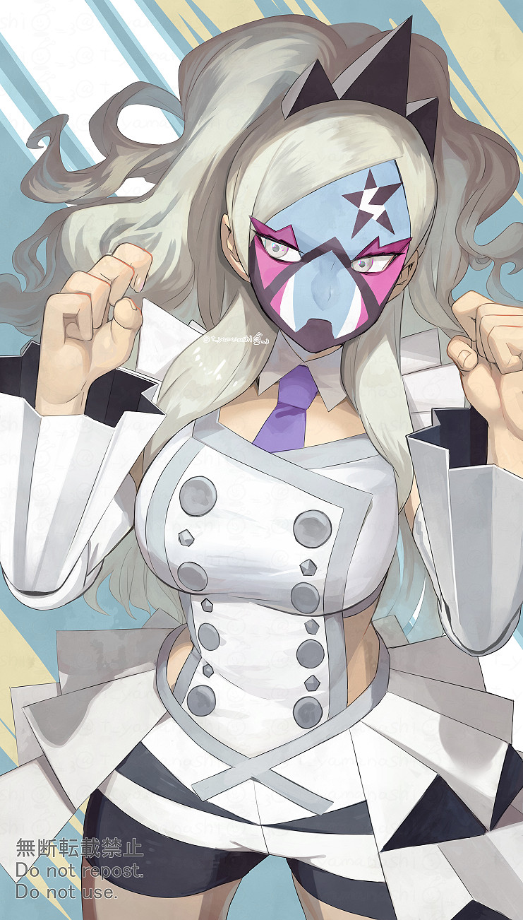 1girl, bike_shorts, blonde_hair, breasts, buttons, clenched_hands, closed_mouth, commentary_request