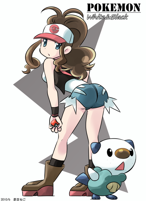 10s, 1girl, aosora_neko, bad_id, bad_pixiv_id, baseball_cap, blue_eyes, brown_hair, denim, denim_shorts, gen_5_pokemon, hat, hilda_(pokemon), holding, holding_poke_ball, nintendo, oshawott, poke_ball, pokemon, pokemon_(creature), pokemon_black_and_white, ponytail, shorts, vest