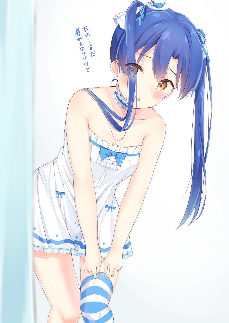 1girl, blue_hair, blue_ribbon, blue_thighhighs, blush, bow, breasts, brown_eyes