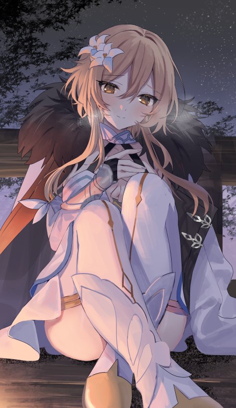 1girl, against_railing, blonde_hair, boots, coat, crossed_legs, detached_sleeves, dress