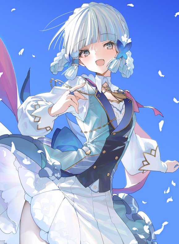 1girl, ayaka_(genshin_impact), blue_background, blue_butterfly, blue_dress, blue_eyes, blue_hair, blunt_bangs