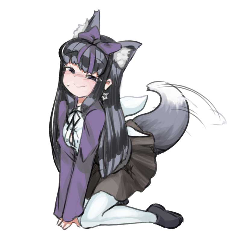 1girl, animal_ears, black_eyes, black_hair, black_ribbon, black_shoes, black_skirt, blush, bow, breasts, button_gap, closed_mouth, commentary_request, cookie_(touhou), dog_ears, dog_girl, dog_tail, ear_blush, earrings, fairy_wings, full_body, hair_bow, hime_cut, jacket, jewelry, kemonomimi_mode, kirai_(hatetenn), kneeling, long_hair, long_sleeves, looking_at_viewer, neck_ribbon, nose_blush, pantyhose, purple_bow, purple_eyes, purple_jacket, ribbon, shirt, shoes, shunga_youkyu, simple_background, skirt, small_breasts, smile, solo, star_(symbol), star_earrings, star_sapphire, tail, tail_wagging, touhou, white_background, white_pantyhose, white_shirt, wings