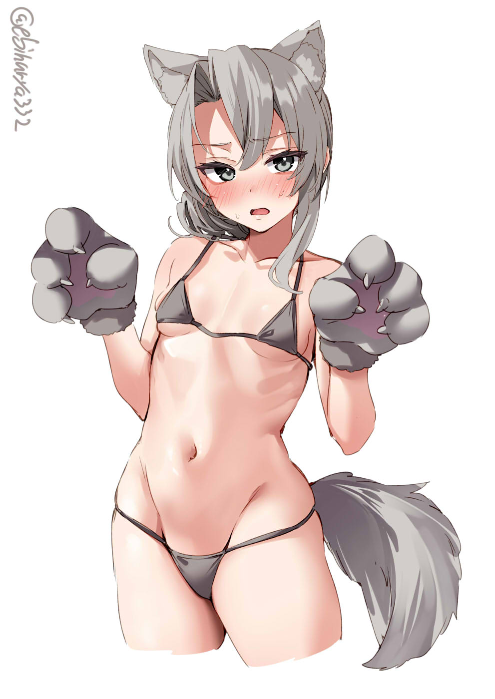 1girl, animal_ear_fluff, animal_ears, animal_hands, bare_shoulders, bikini, black_bikini, blush, breasts, cowboy_shot, cropped_legs, ebifurya, fake_animal_ears, gloves, grey_eyes, grey_hair, groin, hands_up, highres, kantai_collection, micro_bikini, navel, nowaki_(halloween)_(kancolle), nowaki_(kancolle), one-hour_drawing_challenge, open_mouth, parted_bangs, paw_gloves, simple_background, skindentation, small_breasts, solo, stomach, swimsuit, tail, thighs, twitter_username, underboob, white_background, wolf_ears, wolf_girl, wolf_tail