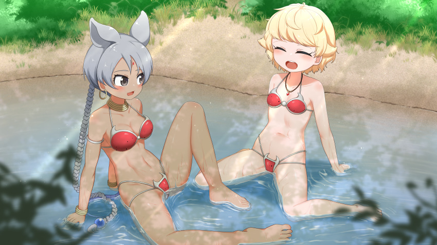 2girls, absurdres, animal_ears, arm_support, armlet, armor, barefoot, bikini_armor, blonde_hair, blush, braid, braided_ponytail, breasts, chis_(js60216), cleavage, commission, cosplay, dappled_sunlight, dark-skinned_female, dark_skin, day, earrings, extra_ears, facial_mark, facing_another, female_focus, forehead_mark, full_body, grey_eyes, highres, hoop_earrings, indian_rhinoceros_(kemono_friends), indian_rhinoceros_(kemono_friends)_(cosplay), jewelry, kemono_friends, knee_up, leaning_back, loli, long_hair, looking_at_another, medium_breasts, multiple_girls, navel, neck_ring, open_mouth, outdoors, parted_bangs, pendant, ponytail, red_armor, rhinoceros_ears, rhinoceros_girl, second-party_source, short_hair, sitting, small_breasts, smile, stomach, sunlight, tail, toes, very_long_hair, wariza, water, bracelet