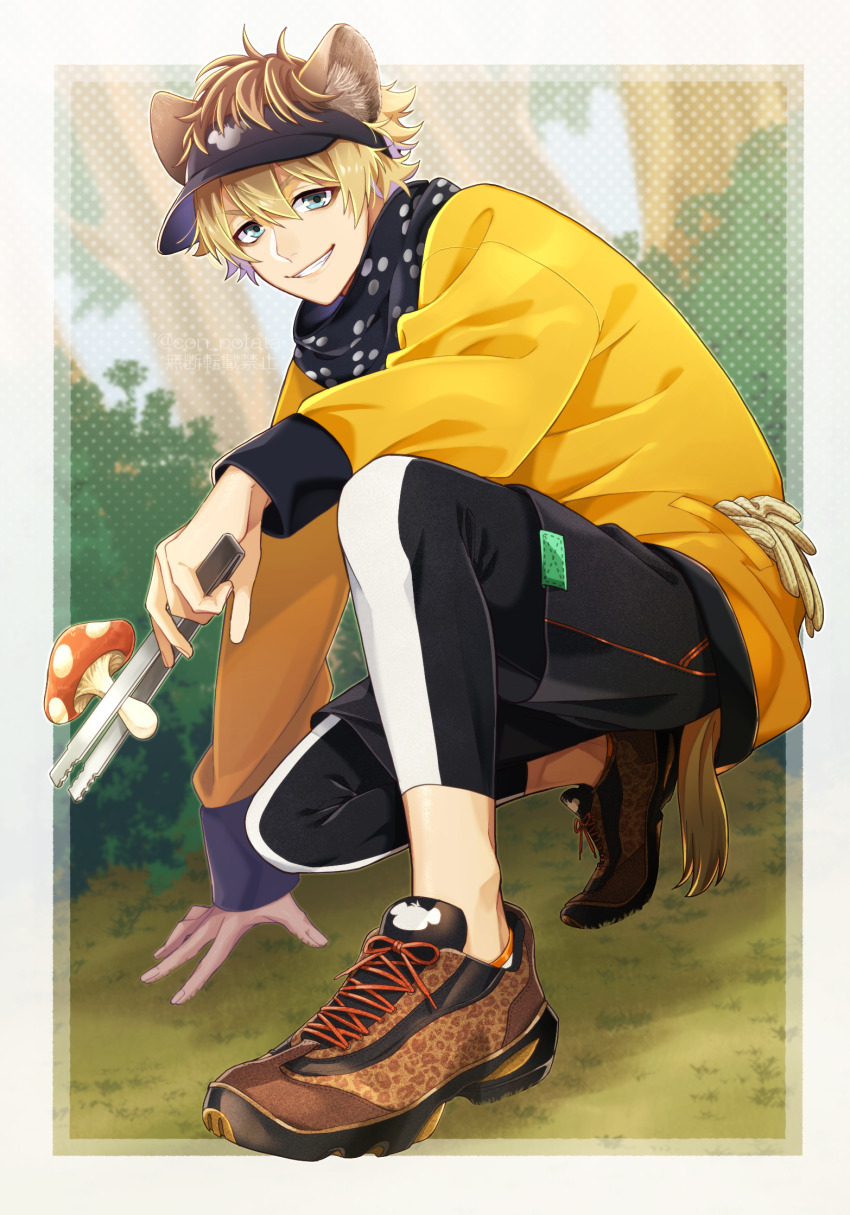 1boy, animal_ears, black_pants, black_shorts, blonde_hair, blue_eyes, brown_hair, brown_shoes, con_potata, hat, highres, hyena_ears, hyena_tail, long_sleeves, male_focus, mushroom, pants, ruggie_bucchi, ruggie_bucchi_(outdoor_wear), shirt, shoes, shorts, smile, spiked_hair, teeth, twisted_wonderland, yellow_shirt
