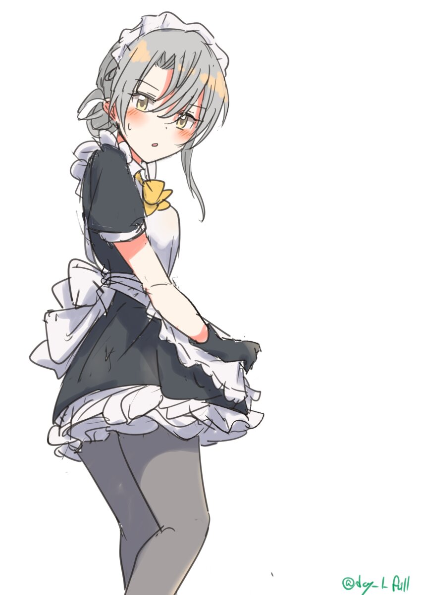 1girl, absurdres, alternate_costume, apron, asymmetrical_hair, black_dress, black_gloves, dress