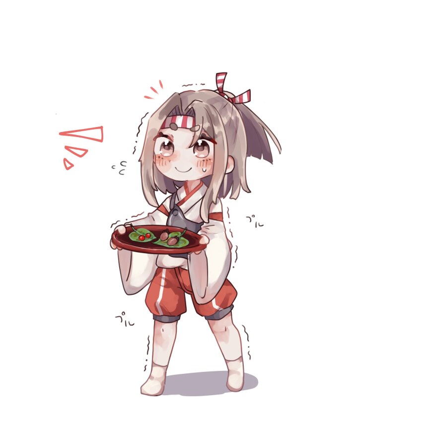 1girl, aged_down, brown_eyes, commentary_request, food, full_body, grey_hair, hachimaki