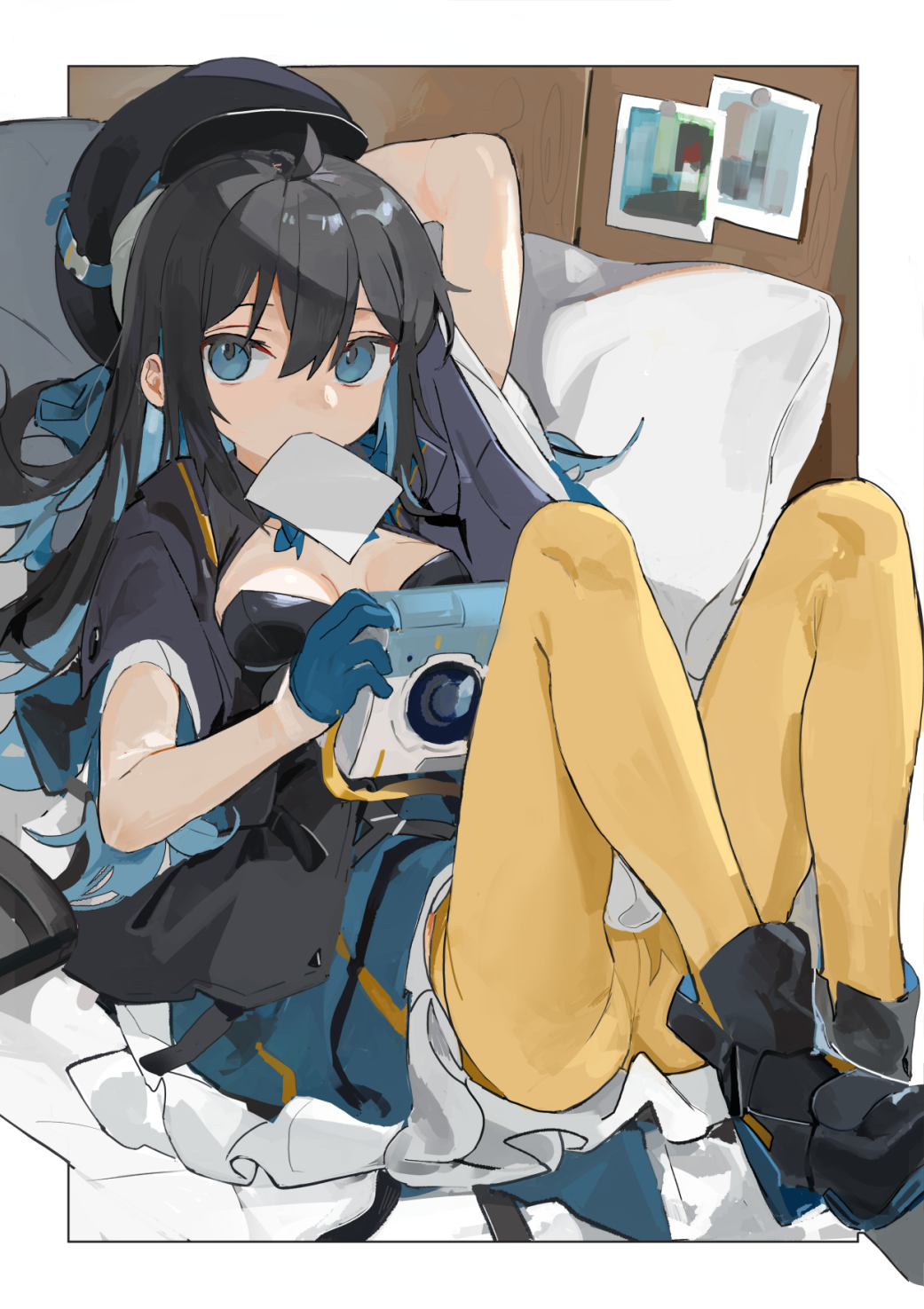 1girl, ahoge, ankle_boots, arm_behind_head, arm_up, beret, black_boots, black_dress, black_hair, black_jacket, blue_eyes, blue_gloves, blue_hair, boots, border, breasts, camera, cleavage, commentary, commission, dress, fara_83_(girls'_frontline), girls'_frontline, gloves, hair_between_eyes, half_gloves, hat, highres, holding, holding_camera, indoors, jacket, knees_up, long_hair, looking_at_viewer, medium_breasts, multicolored_hair, open_clothes, open_jacket, pantyhose, photo_(object), pillow, short_sleeves, sitting, skeb_commission, solo, two-tone_hair, yellow_pantyhose, yuki_hotaru