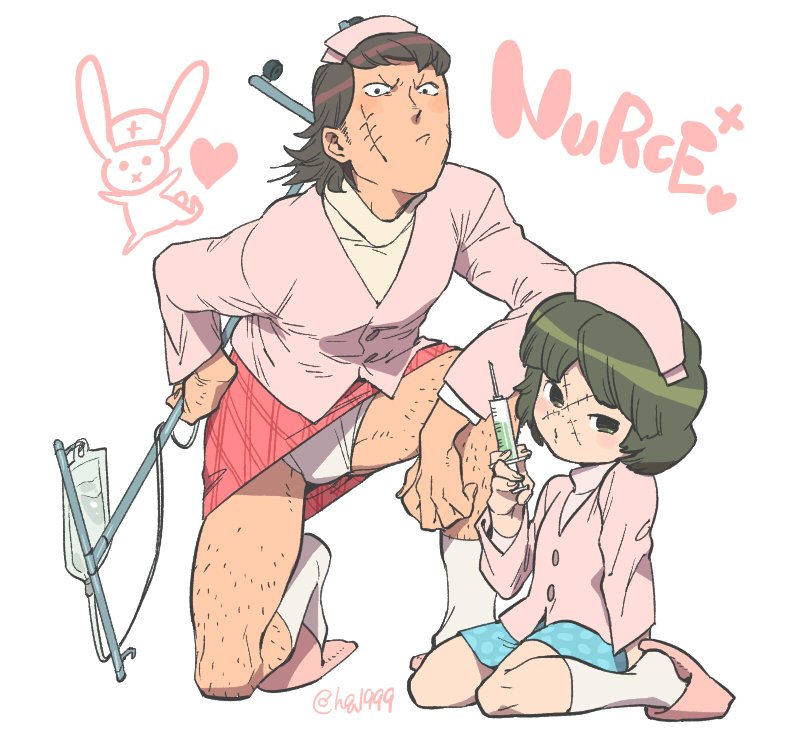 2boys, batten-chan_(osomatsu-kun), black_hair, blush, crossdressing, crossdressing_(mtf), english_text, green_hair, holding, holding_syringe, intravenous_drip, leg_hair, looking_at_viewer, male_focus, male_underwear, male_underwear_peek, multiple_boys, nurse, osomatsu-kun, osomatsu_(series), red_skirt, scar, scar_on_face, seiza, sitting, skirt, slippers, socks, squatting, syringe, tamago_toji, tetsu_the_killer_(osomatsu-kun), underwear, white_male_underwear