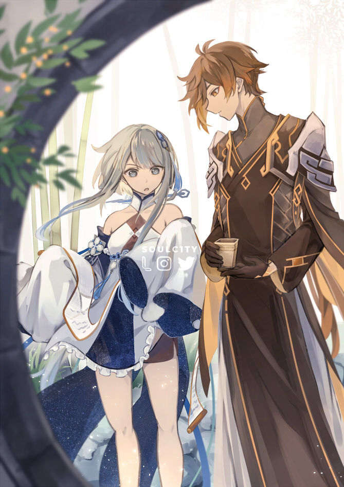1boy, 1girl, :o, bamboo, bare_shoulders, black_gloves, blue_eyes, breasts, brown_hair, chinese_hairpin, cup, detached_sleeves, dress, eyeliner, eyeshadow, feet_out_of_frame, genshin_impact, gloves, gradient_hair, grey_hair, guizhong_(genshin_impact), hair_between_eyes, hair_ornament, holding, holding_cup, instagram_logo, long_hair, long_sleeves, makeup, multicolored_hair, open_mouth, ponytail, reading, red_eyeshadow, robe, scroll, short_hair_with_long_locks, signature, sleeves_past_fingers, sleeves_past_wrists, small_breasts, soulc1ty, twitter_logo, very_long_hair, white_dress, wide_sleeves, yellow_eyes, zhongli_(genshin_impact), zhongli_(lantern_rite)_(genshin_impact)