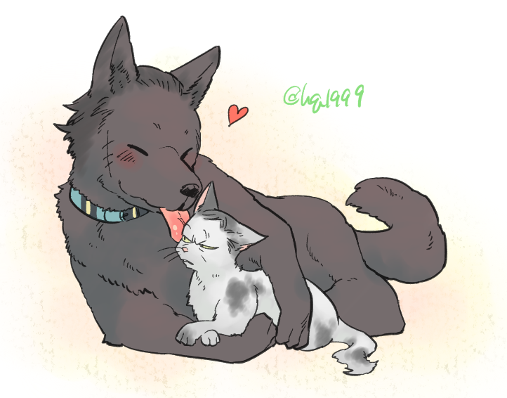 animalization, annoyed, black_fur, cat, closed_eyes, dog, happy, heart