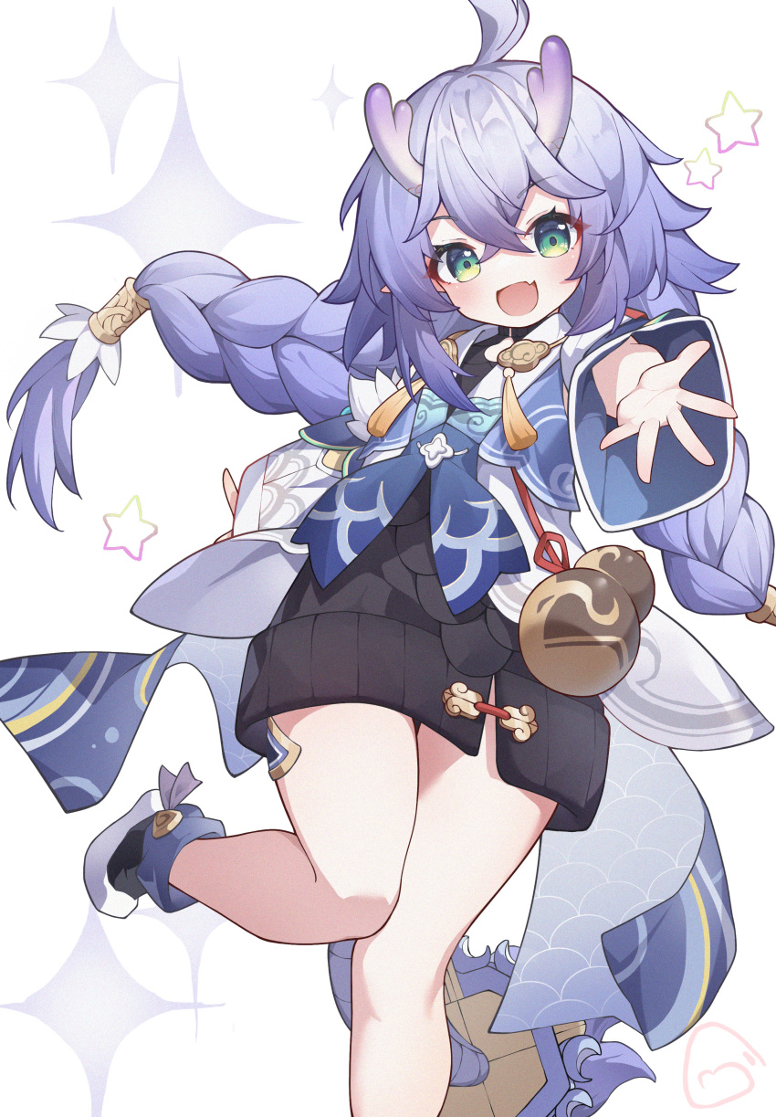 1girl, absurdres, ahoge, bailu_(honkai:_star_rail), bare_legs, black_skirt, blush, braid, chinese_commentary, commentary_request, crossed_bangs, dragon_girl, dragon_horns, dragon_tail, eastern_dragon_horns, eastern_dragon_tail, foot_out_of_frame, gourd, green_eyes, happy, highres, honkai:_star_rail, honkai_(series), horns, jacket, leg_up, long_hair, looking_at_viewer, open_mouth, outstretched_hand, pointy_ears, purple_hair, purple_horns, signature, simple_background, skirt, smile, solo, star_(symbol), tail, tassel, twin_braids, vanishedstar, white_background, white_jacket