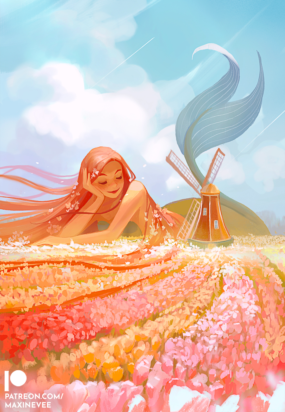 1girl, artist_name, blue_sky, closed_eyes, cloud, day, european_architecture, field, flower, flower_field, hand_on_own_cheek, hand_on_own_face, highres, long_hair, maxine_vee, merfolk, merfolk_out_of_environment, mermaid, monster_girl, original, outdoors, patreon_logo, patreon_username, red_hair, sky, watermark, web_address, windmill