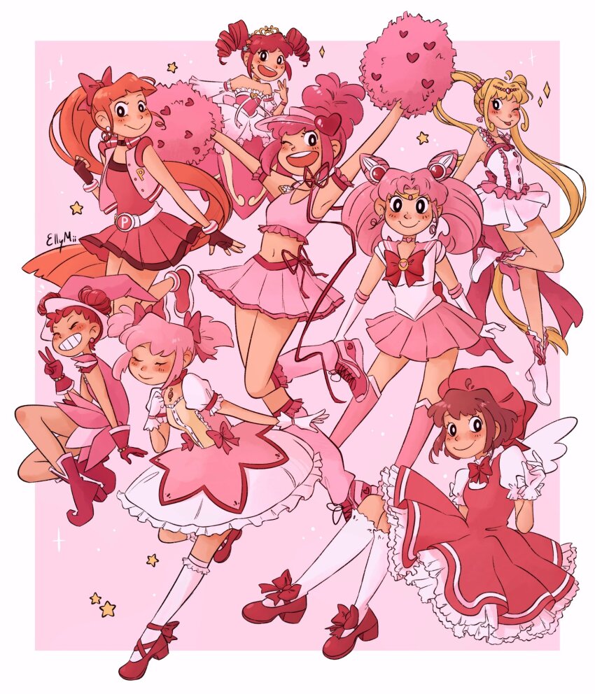 6+girls, akazutsumi_momoko, amulet_heart, bishoujo_senshi_sailor_moon, bishoujo_senshi_sailor_moon_s, blonde_hair, blue_skirt, boots, border, bow, cardcaptor_sakura, cheerleader, chibi_usa, commentary, crossover, dress, drill_hair, elbow_gloves, elly_mii, english_commentary, fine_(futagohime), fine_(universal_princess)_(futagohime), floating, full_body, fushigiboshi_no_futago_hime, fushigiboshi_no_futago_hime_gyu, gloves, hair_bow, hair_ornament, harukaze_doremi, heroes'_gallery, high_ponytail, highres, hinamori_amu, hyper_blossom, kaname_madoka, kaname_madoka_(magical_girl), kinomoto_sakura, kinomoto_sakura_(magician), kneehighs, long_hair, looking_at_viewer, magical_girl, mahou_shoujo_madoka_magica, mahou_shoujo_madoka_magica_(anime), mermaid_melody_pichi_pichi_pitch, multiple_crossover, multiple_girls, nanami_lucia, nanami_lucia_(idol), nanami_lucia_(super_idol), navel, ojamajo_doremi, outside_border, pink_background, pink_boots, pink_hair, pink_theme, pom_pom_(cheerleading), ponytail, powerpuff_girls_z, puffy_sleeves, red_dress, red_footwear, red_hair, sailor_senshi_uniform, shugo_chara!, simple_background, skirt, smile, socks, star_(symbol), twintails, white_border, white_gloves