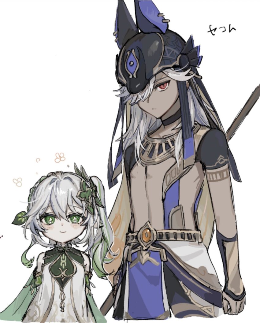 1boy, 1girl, animal_hat, black_choker, black_headwear, choker, closed_mouth, cyno_(genshin_impact)