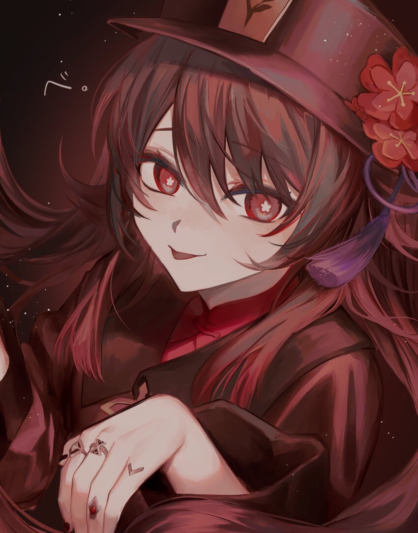 1girl, black_hat, black_nails, brown_hair, flower, flower-shaped_pupils, genshin_impact, hair_between_eyes