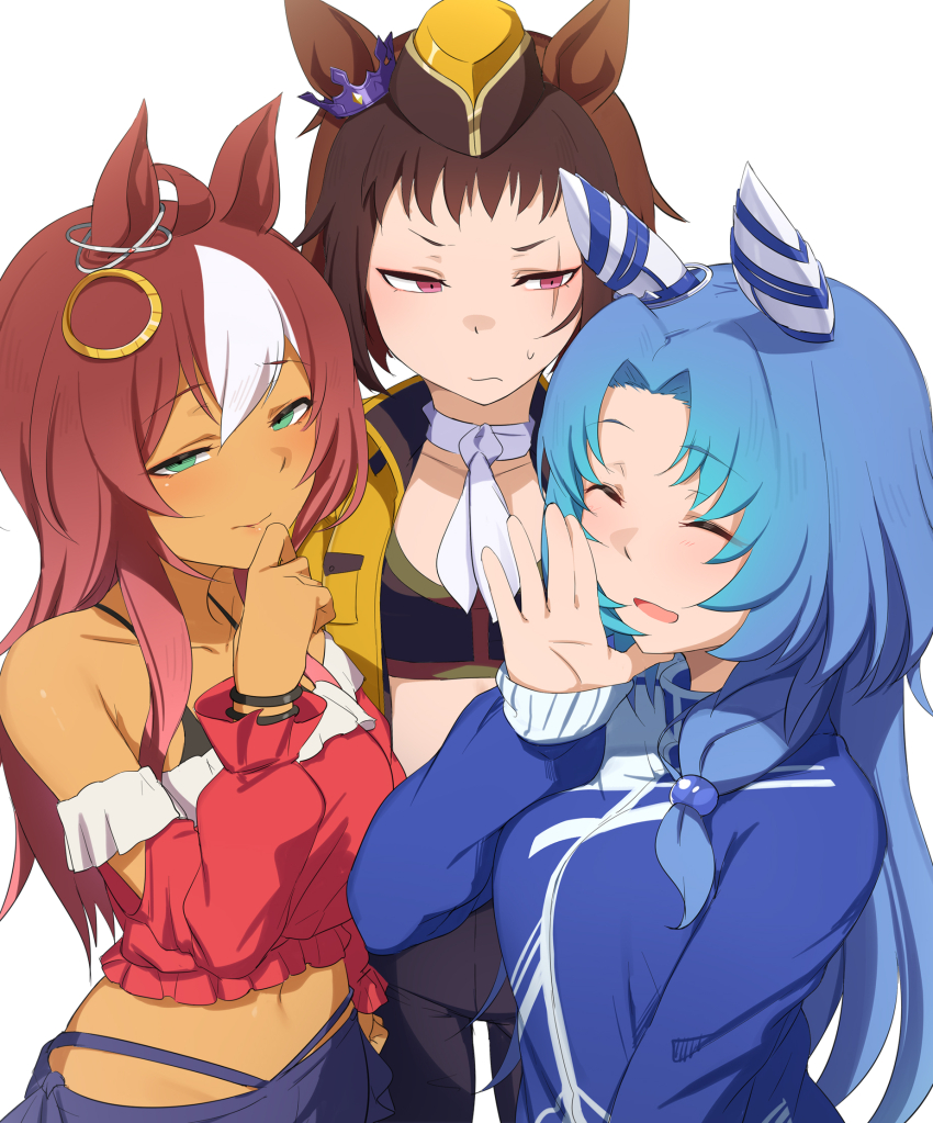 3girls, abmayo, ahoge, animal_ears, ascot, bare_shoulders, black_pants, black_sports_bra