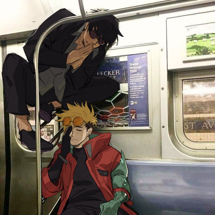 2boys, black_coat, black_gloves, black_hair, blonde_hair, coat, full_body, gloves