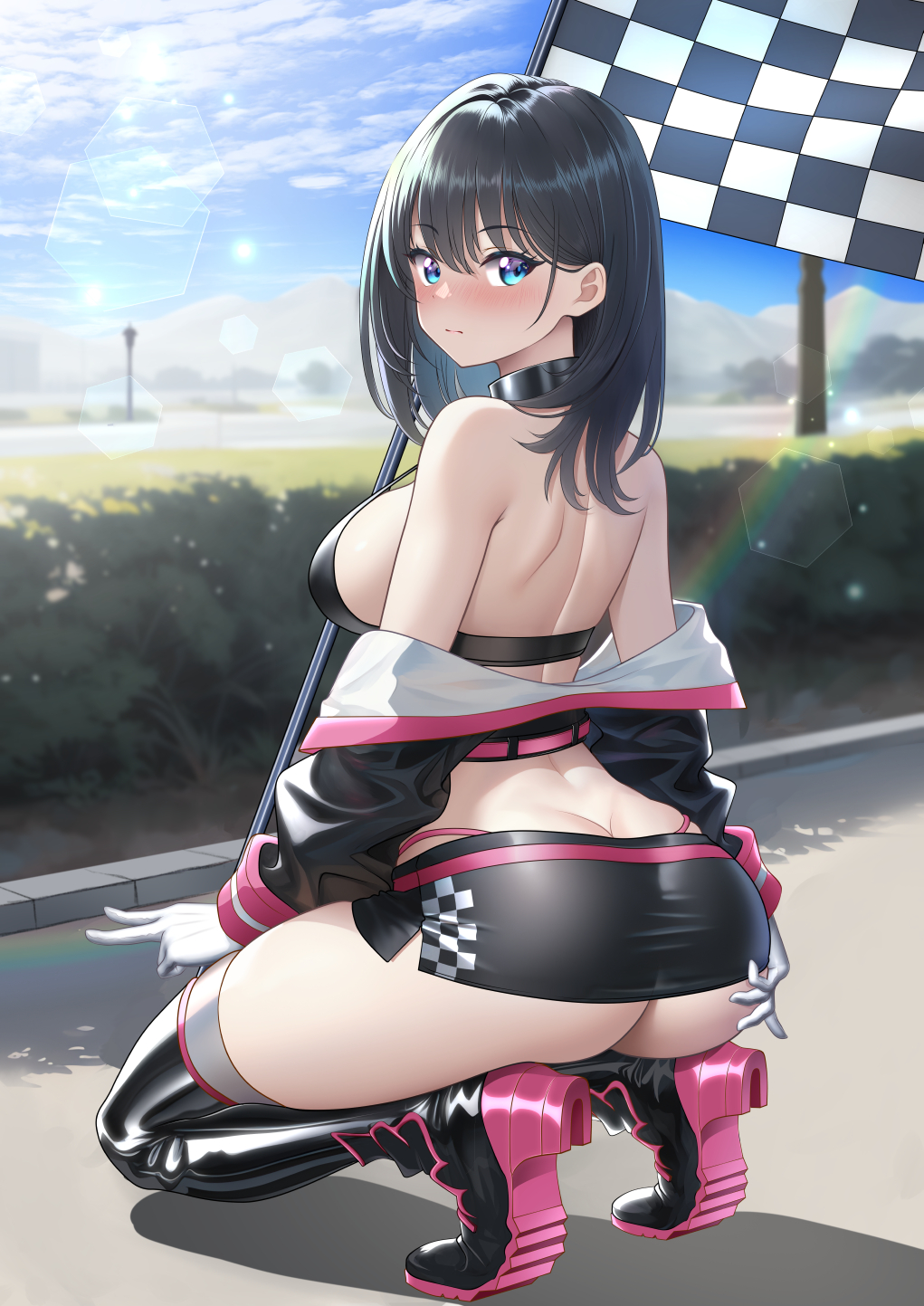 1girl, ass, bare_back, bare_shoulders, black_hair, blue_eyes, blush, bra, breasts, butt_crack, checkered_flag, closed_mouth, flag, gloves, grabbing_own_ass, gridman_universe, high_heels, highleg, highleg_panties, highres, holding, holding_flag, jacket, large_breasts, latex, latex_thighhighs, long_hair, looking_at_viewer, looking_back, open_clothes, open_jacket, outdoors, panties, race_queen, sideboob, skirt, solo, squatting, ssss.gridman, studiopokotan, takarada_rikka, thighhighs, thighs, underwear, v, white_gloves