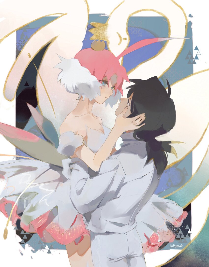 1boy, 1girl, ahiru_(princess_tutu), aqua_eyes, ballerina, bare_shoulders, bird, black_hair