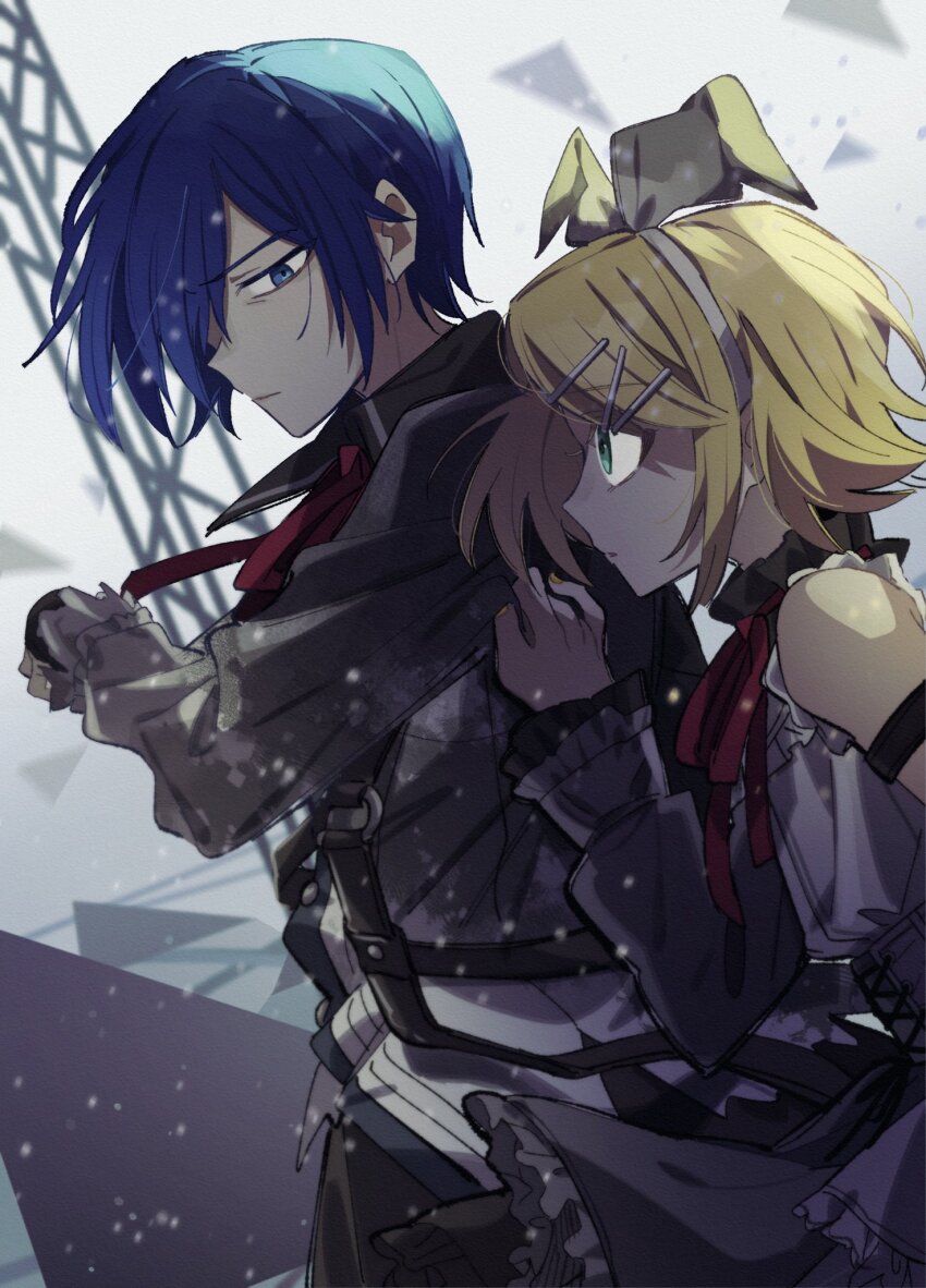 25-ji_kaito, 25-ji_nightcord_de._(project_sekai), 25-ji_rin, arm_strap, blonde_hair, blue_eyes, blue_hair, clothes_pull