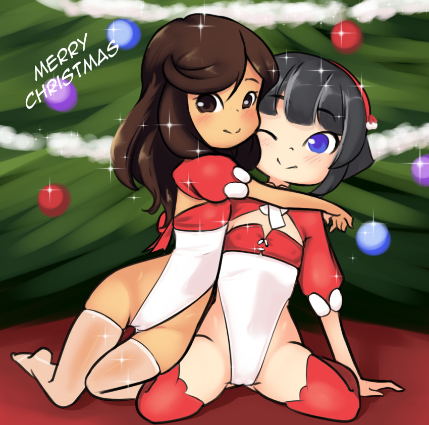 2girls, arm_support, black_hair, blush, brown_eyes, brown_hair, christmas, christmas_ornaments, christmas_tree, drantyno, female_focus, flat_chest, full_body, hairband, highleg, highleg_leotard, highres, hug, leotard, loli, long_hair, looking_at_viewer, megu_(ryuhi), merry_christmas, multiple_girls, one_eye_closed, original, puffy_sleeves, purple_eyes, red_thighhighs, rq_(ryuhi), short_hair, short_sleeves, shrug_(clothing), sitting, smile, sparkle, thighhighs, white_leotard, white_thighhighs
