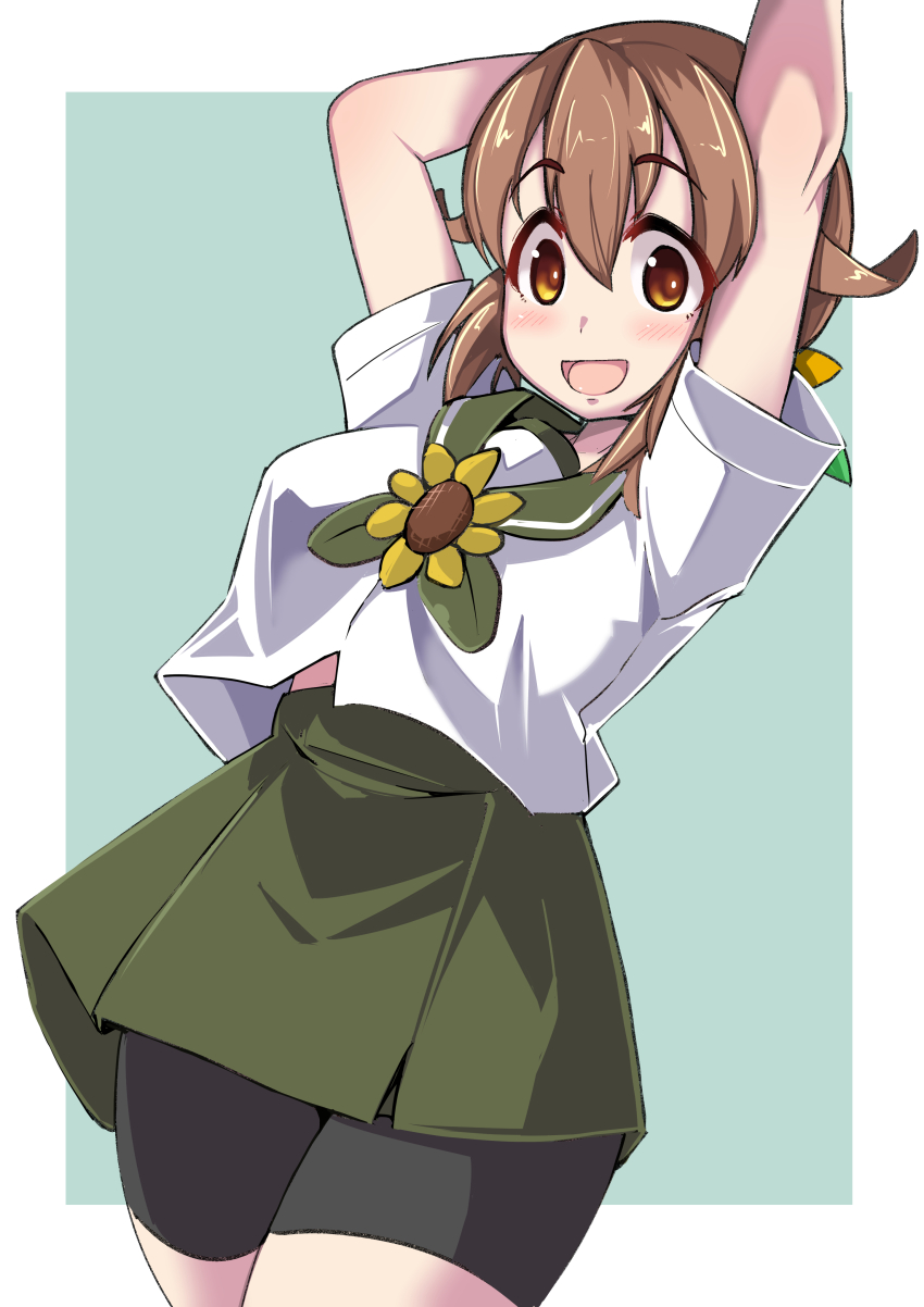1girl, absurdres, brown_hair, flower, funa-tan, green_skirt, highres, sailor_collar