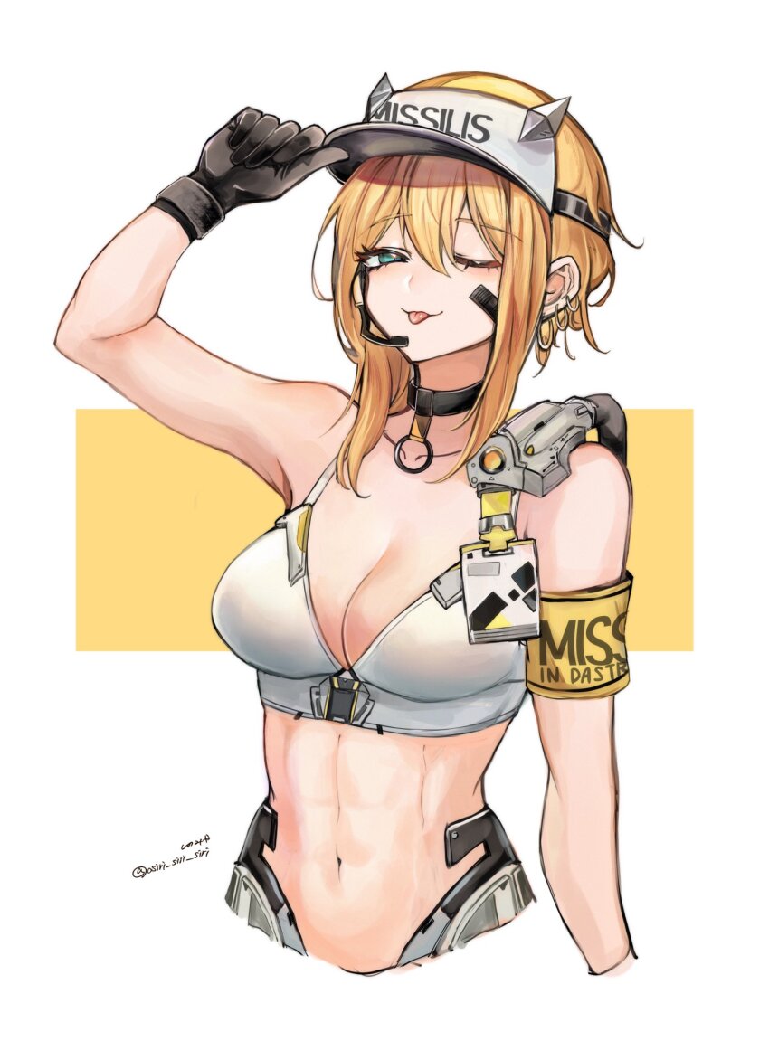 1girl, arm_up, armband, bandaid, bandaid_on_cheek, bandaid_on_face, bare_shoulders, black_collar