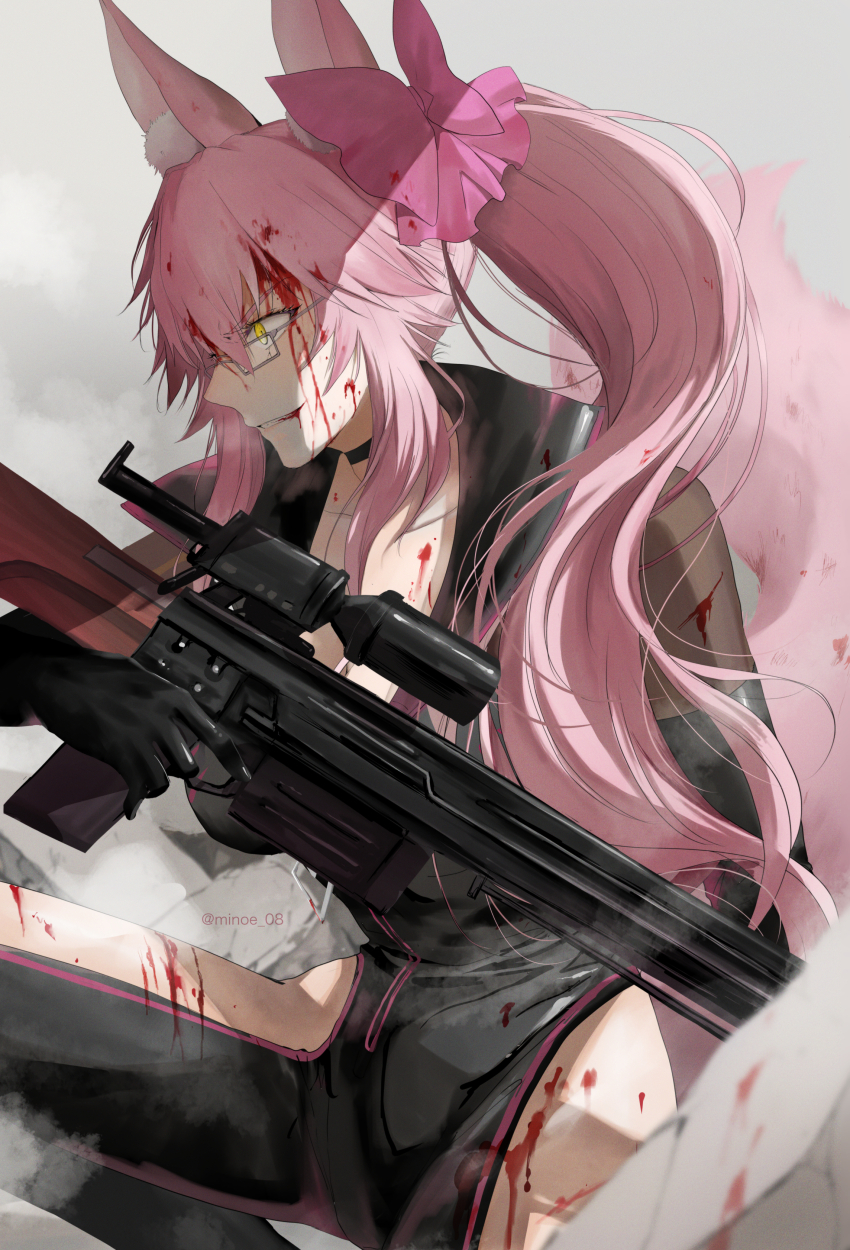 1girl, absurdres, animal_ear_fluff, animal_ears, black_bodysuit, blood, blood_on_face, bodysuit, bow, breasts, center_opening, choker, cleavage, clothing_cutout, fate/grand_order, fate_(series), fox_ears, fox_girl, fox_tail, glasses, grin, gun, hair_between_eyes, hair_bow, highres, hip_vent, koyanskaya_(assassin)_(first_ascension)_(fate), koyanskaya_(fate), large_breasts, long_hair, looking_at_viewer, minoe08, pink_bow, pink_hair, ponytail, sidelocks, smile, tail, thighs, weapon