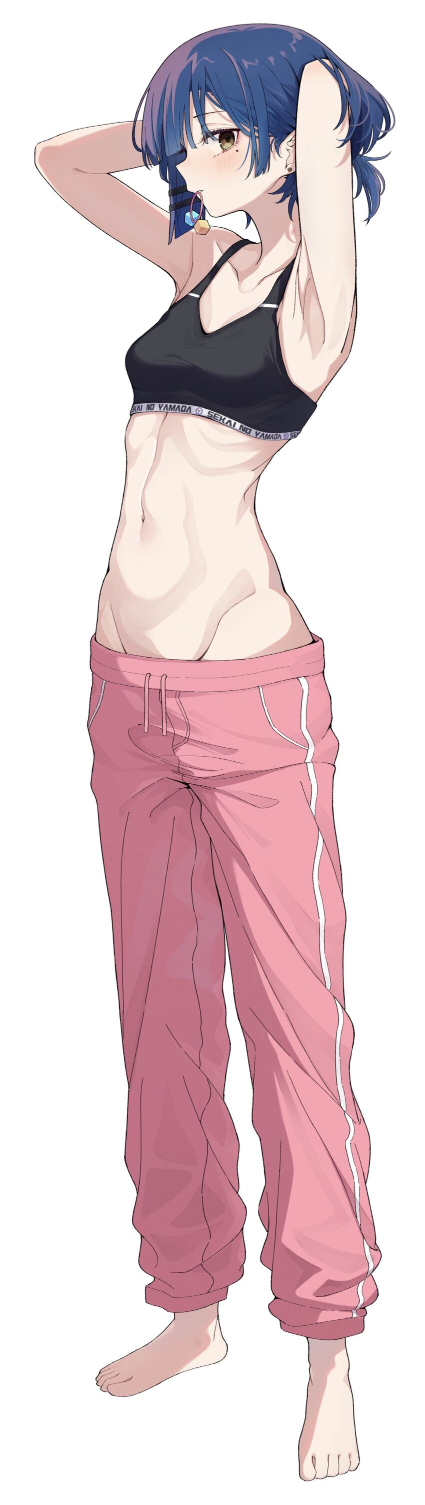 1girl, absurdres, armpits, barefoot, black_sports_bra, blue_hair, blush, bocchi_the_rock!, collarbone, cube_hair_ornament, full_body, groin, hair_ornament, highres, looking_at_viewer, mole, mole_under_eye, mouth_hold, navel, nenehotoso, pants, pink_pants, ribs, short_hair, simple_background, solo, sports_bra, sportswear, standing, stomach, sweatpants, tying_hair, white_background, yamada_ryo, yellow_eyes