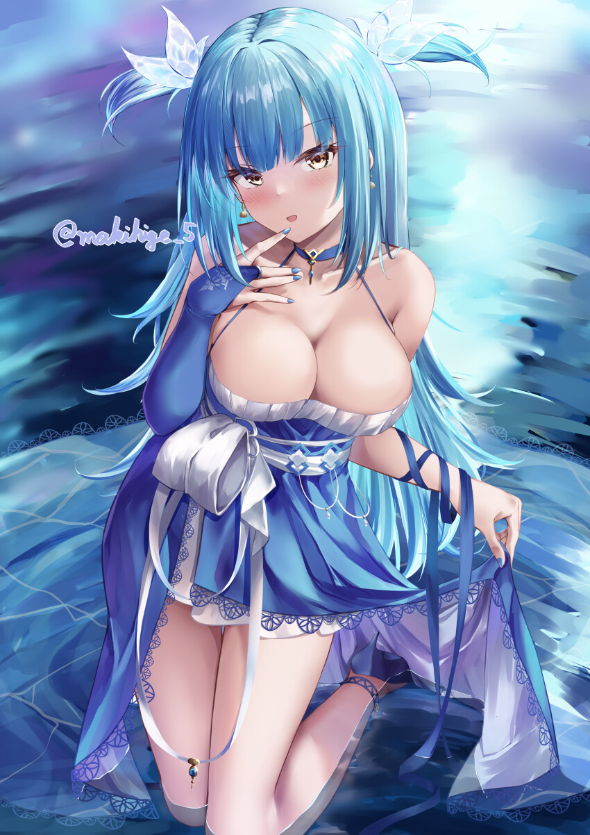 1girl, absurdres, azur_lane, bare_shoulders, blue_dress, blue_hair, blunt_bangs, blush