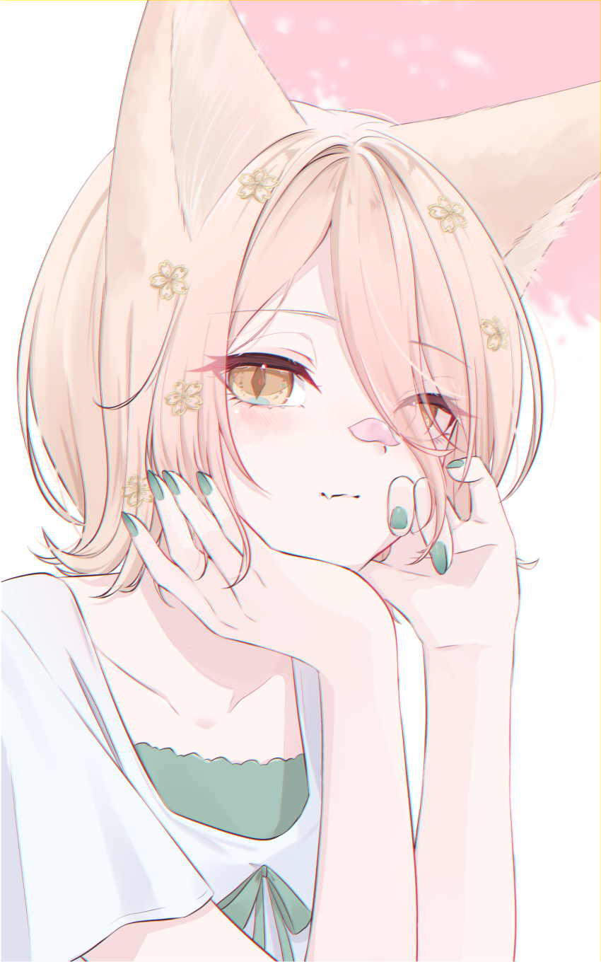 1girl, absurdres, animal_ear_fluff, animal_ears, blush, brown_eyes, cherry_blossoms, closed_mouth, eyes_visible_through_hair, fang, flat_chest, fox_ears, green_nails, hair_between_eyes, hair_ornament, hair_over_one_eye, hand_on_own_face, hands_up, highres, kudamaki_tsukasa, light_brown_hair, light_smile, looking_at_viewer, mizore_arius, nail_polish, petal_on_nose, petals, shirt, short_hair, short_sleeves, skin_fang, slit_pupils, solo, touhou, white_shirt