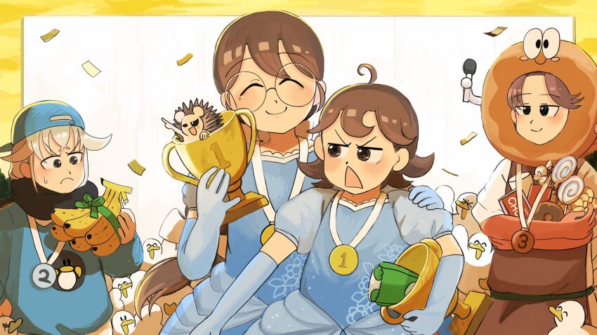 4girls, alternate_costume, backwards_hat, banana, bird, blue_dress, blue_gloves, blue_hat, blue_shirt, brown_eyes, brown_hair, candy, chicken, chocolate, cinderella_(disney)_(cosplay), cinderella_(disney_character), closed_eyes, commentary, cosplay, diva_(hyxpk), donut, dress, duck, elbow_gloves, english_commentary, food, froggy_nun_(diva), fruit, glasses, glasses_nun_(diva), gloves, grey_hair, hat, hedgehog, highres, holding, holding_trophy, hungry_nun_(diva), little_nuns_(diva), lollipop, long_hair, matching_outfits, medal, microphone, multiple_girls, penguin_keeper_(zookeepers), popcorn, round_eyewear, shirt, short_hair, smile, triangle_mouth, trophy, zookeepers