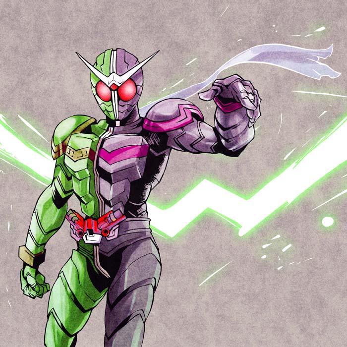 1boy, ambiente, antennae, belt, black_bodysuit, bodysuit, kamen_rider, kamen_rider_double, kamen_rider_double_(cyclonejoker), kamen_rider_w, kazama_(gondwanaland), male_focus, pointing, scarf, solo