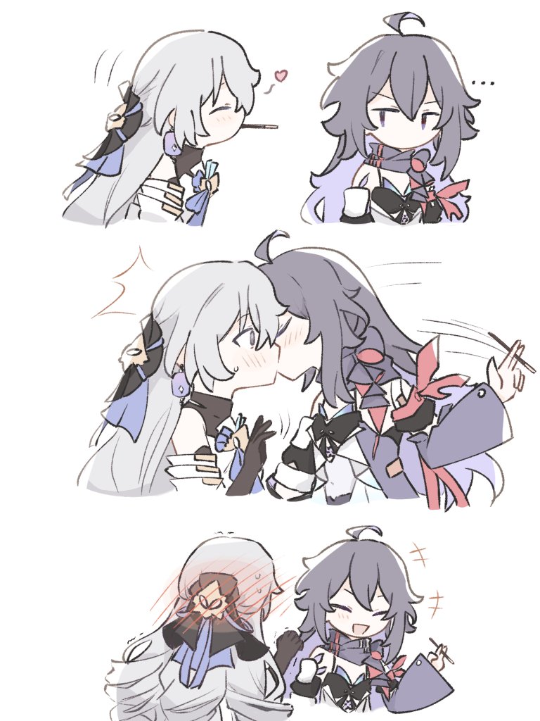 +++, ..., 2girls, ^_^, ahoge, asymmetrical_clothes, bare_shoulders, black_gloves, black_hair, blush, breasts, bronya_rand, closed_eyes, drill_hair, earrings, food, gloves, grey_hair, heart, holding, holding_food, holding_pocky, honkai:_star_rail, honkai_(series), jewelry, kiss, long_hair, multiple_girls, no_mouth, open_mouth, pocky, pocky_kiss, seele_(honkai:_star_rail), shared_food, si_(si_sowofei), simple_background, small_breasts, smile, surprise_kiss, surprised, v-shaped_eyebrows, very_long_hair, white_background, yuri