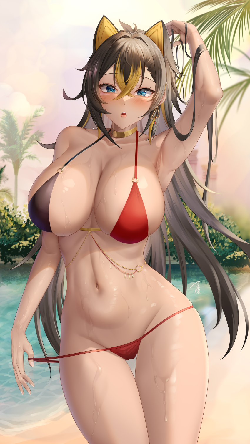 1girl, :o, absurdres, arm_up, armpits, bare_shoulders, bikini, bikini_pull