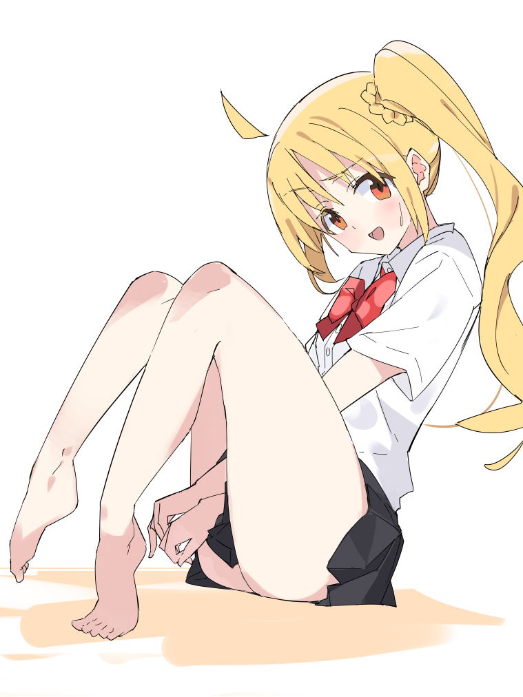 1girl, :d, ahoge, bare_legs, barefoot, bitto_(arnagle), black_skin, blonde_hair, bocchi_the_rock!, bow, bowtie, collared_shirt, colored_skin, commentary_request, full_body, ijichi_nijika, knees_up, legs, long_hair, open_mouth, orange_eyes, plantar_flexion, pleated_skirt, red_bow, red_bowtie, shirt, side_ponytail, simple_background, sitting, skirt, smile, solo, sweatdrop, toes, white_background, white_shirt