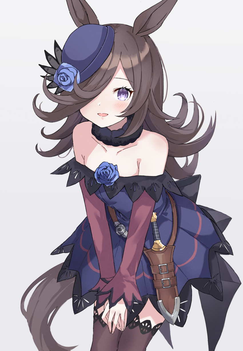 1girl, :d, animal_ears, bare_shoulders, blue_flower, blue_rose, blush, brown_hair
