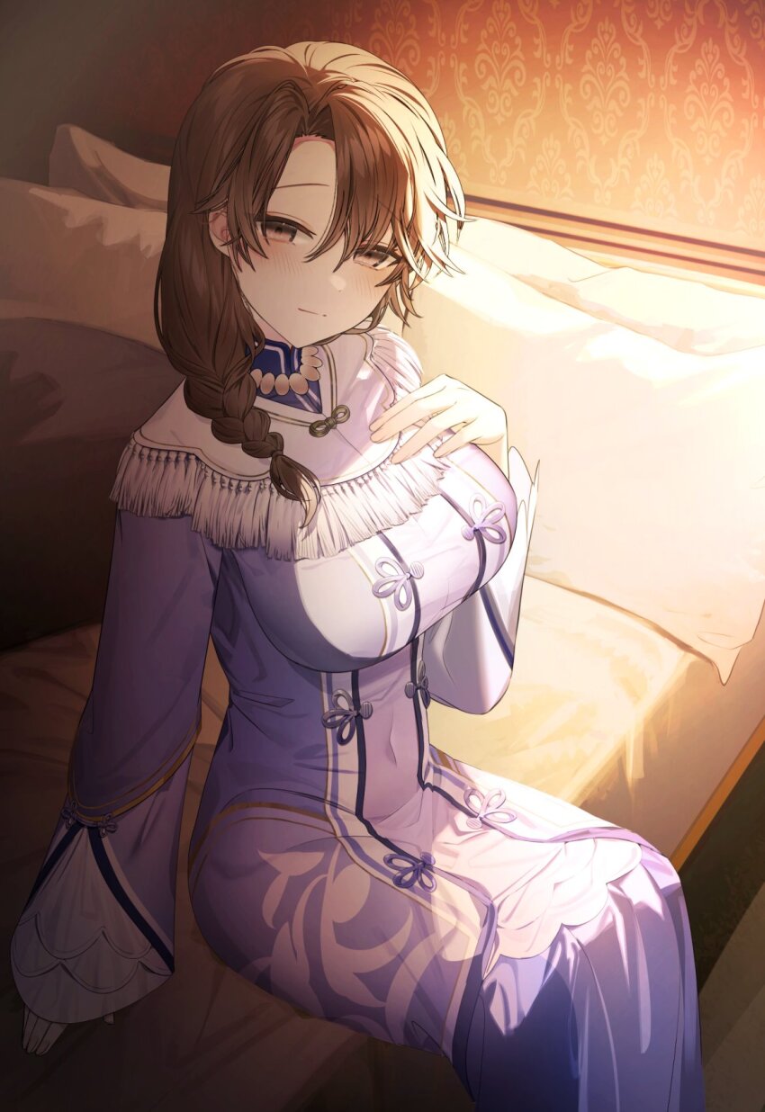 1girl, blush, braid, breasts, brown_eyes, brown_hair, cape, dress, genshin_impact, hair_between_eyes, highres, indoors, large_breasts, long_sleeves, on_bed, purple_dress, single_braid, sitting, sleeves_past_wrists, solo, syandega, ying'er_(genshin_impact)