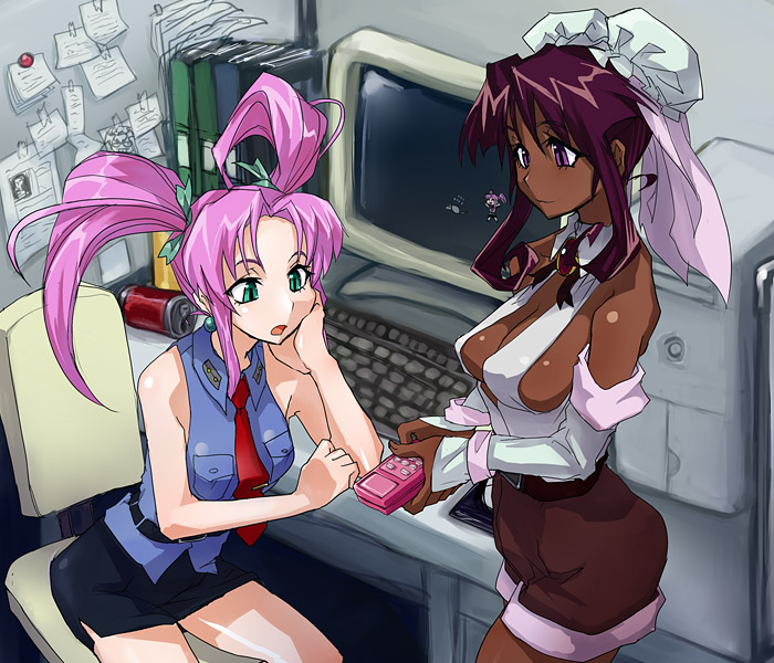 1990s_(style), 2girls, burn-up, burn-up_excess, can, computer, dark_skin, computer_keyboard