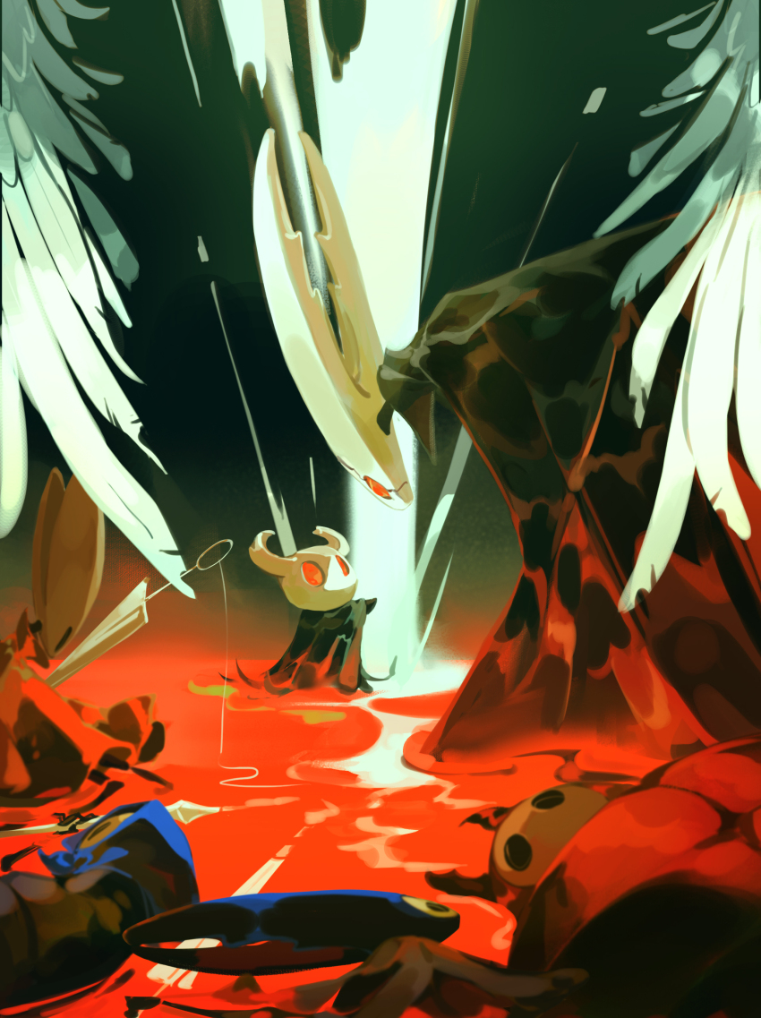 1girl, 5others, absurdres, blankowalski, bug, cape, character_request, cloak, full_body, grey_cloak, highres, hollow_eyes, hollow_knight, hollow_knight_(character), hornet_(hollow_knight), horns, knight_(hollow_knight), mantis_lord_(hollow_knight), mask, multiple_others, nail_(hollow_knight), no_humans, standing, weapon