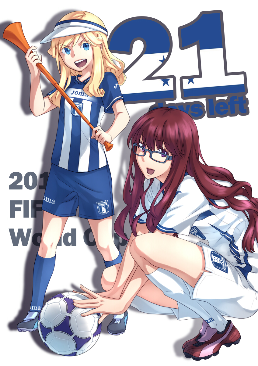 2010_fifa_world_cup, 2girls, bad_id, bad_pixiv_id, ball, bliss_(ferment_factory), blonde_hair, blue_eyes