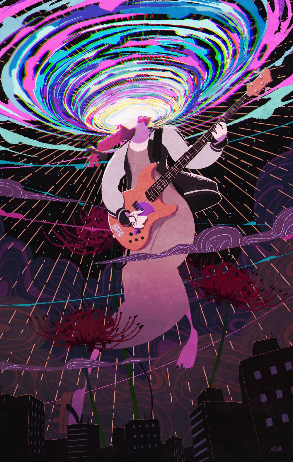 1girl, abstract, barefoot, bass_guitar, black_nails, bocchi_the_rock!, bow, braid, chromatic_aberration, cityscape, cloud, cloudy_sky, cropped_head, dress, floating, flower, green_dress, hair_bow, hair_over_shoulder, highres, hiroi_kikuri, holding, holding_instrument, holding_plectrum, instrument, jacket, long_dress, long_hair, long_sleeves, music, nail_polish, namiki_kazama, open_clothes, open_jacket, playing_instrument, plectrum, purple_hair, red_flower, single_braid, sky, solo, spider_lily, toenail_polish, toenails, yamaha_trb
