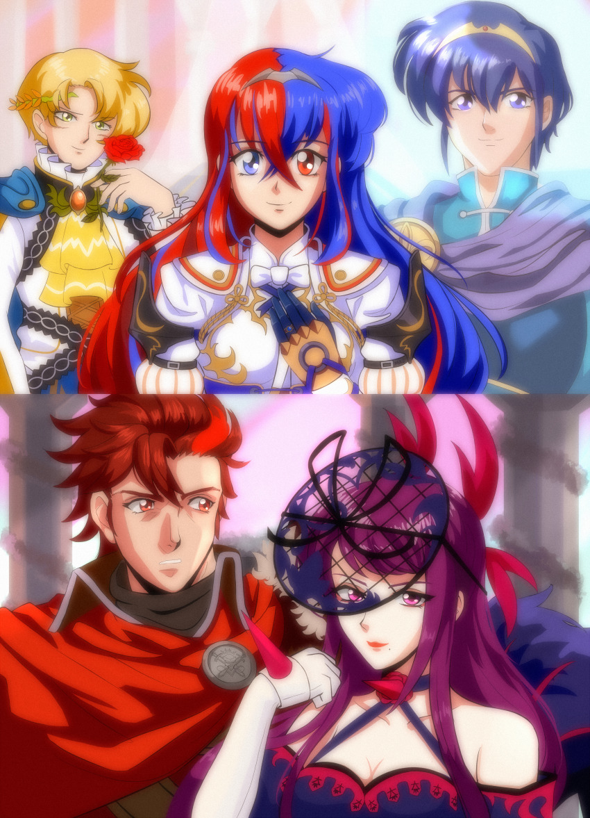 1990s_(style), 2girls, 3boys, absurdres, alfred_(fire_emblem), alternate_hairstyle, anime_coloring, armor