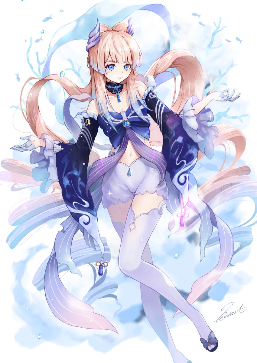 1girl, absurdres, black_choker, blue_eyes, blue_gem, blue_gloves, blue_sleeves, blunt_bangs, choker, collarbone, detached_sleeves, eyebrows_hidden_by_hair, floating_hair, gem, genshin_impact, gloves, hair_ornament, half_gloves, highres, light_brown_hair, long_hair, long_sleeves, midriff, navel, peace7322, sangonomiya_kokomi, short_shorts, shorts, solo, sparkle, stomach, strapless, thighhighs, twintails, very_long_hair, white_shorts, white_thighhighs, wide_sleeves