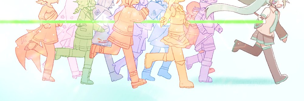 6+girls, a.i._voice, adachi_rei, anklet, aqua_hair, aqua_necktie, arm_warmers, backpack, bag, black_footwear, black_skirt, blazer, blush, boots, braid, cable, cevio, closed_mouth, coat, commentary, cropped_shirt, detached_sleeves, dress, floating_hair, flower_(vocaloid), flower_(vocaloid4), frilled_skirt, frills, gomahichi, grey_shirt, gumi, hanakuma_chifuyu, hand_up, hatsune_miku, head_out_of_frame, headphones, high_collar, high_heel_boots, high_heels, holding, holding_paintbrush, hood, hood_down, hooded_jacket, jacket, jewelry, kaai_yuki, kafu_(cevio), kamitsubaki_studio, layered_skirt, long_hair, low_twin_braids, medium_hair, microphone, multiple_girls, necktie, off-shoulder_dress, off_shoulder, open_mouth, paintbrush, painting_(action), pleated_skirt, randoseru, rime_(cevio), running, school_uniform, sekai_(cevio), shirt, short_dress, short_hair, skirt, sleeveless, sleeveless_jacket, sleeveless_shirt, smile, solaria_(synthesizer_v), synthesizer_v, thigh_boots, twin_braids, twintails, utau, veil, vocaloid, vy1